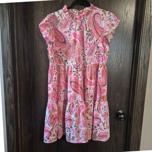 Jodifl Pink Paisley Floral Tiered Mini Dress Ruffle Mock Neck Flutter Sleeve M